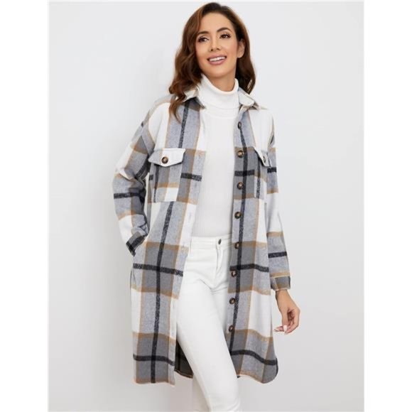 Women Plaid Shacket Brushed Flannel Shirt Jacket Mid Long Wool Blend Tartan Coat - Picture 2 of 7
